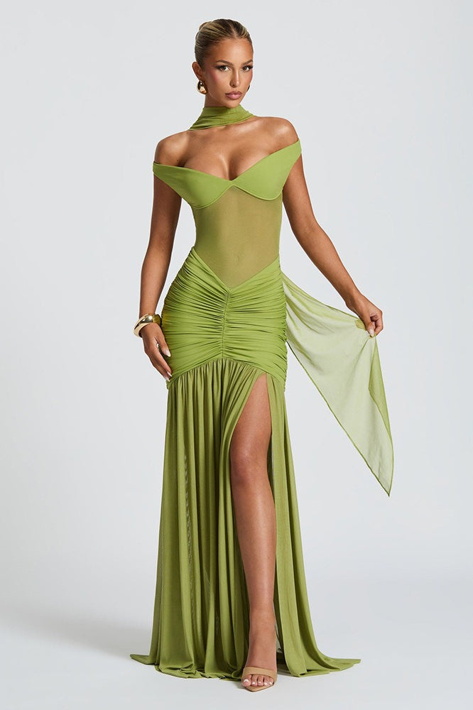 Strapless Backless Mesh Ruched Slit Party Dress