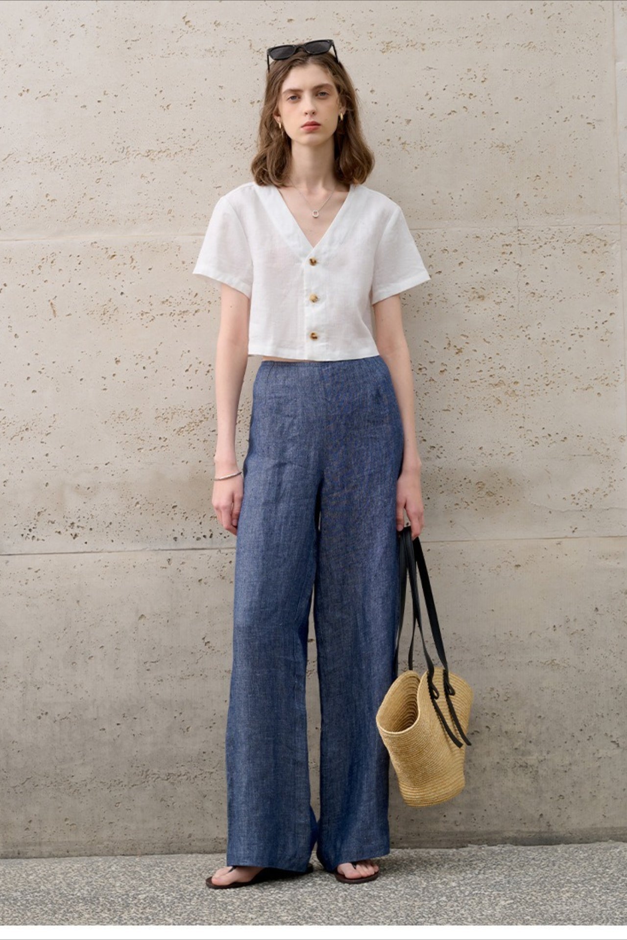Linen V Neck Short Sleeve Blouse