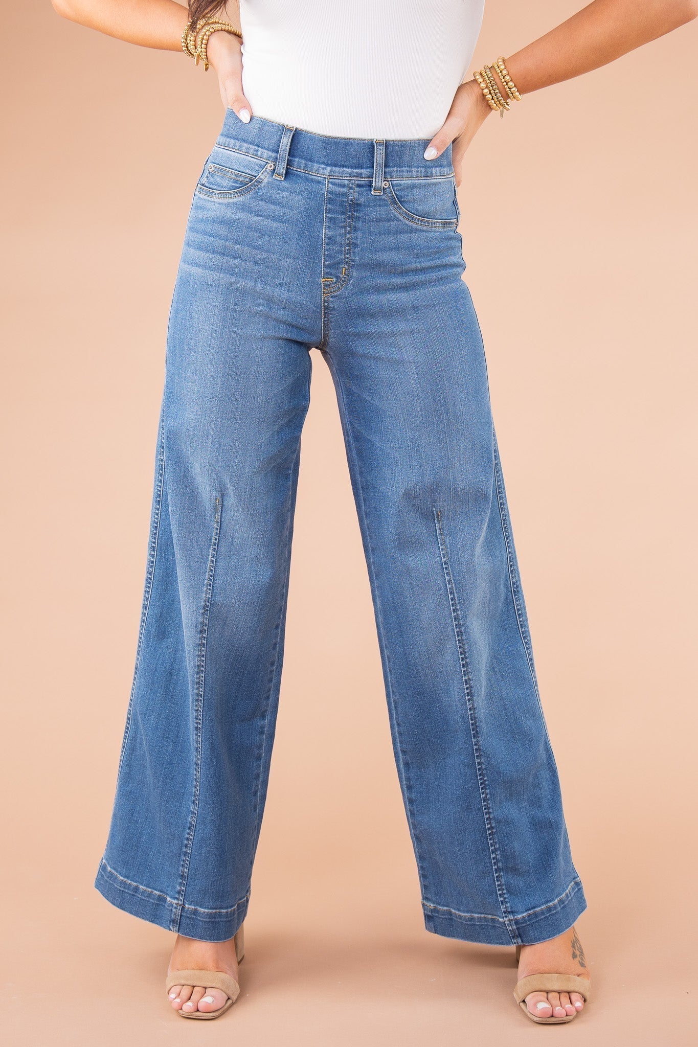 Vintage style sewn front wide leg jeans