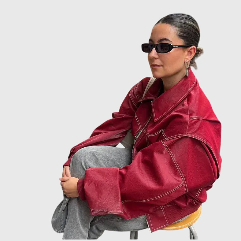 Red Spread Collar Contrast Stitch Oversized Leather Jacket