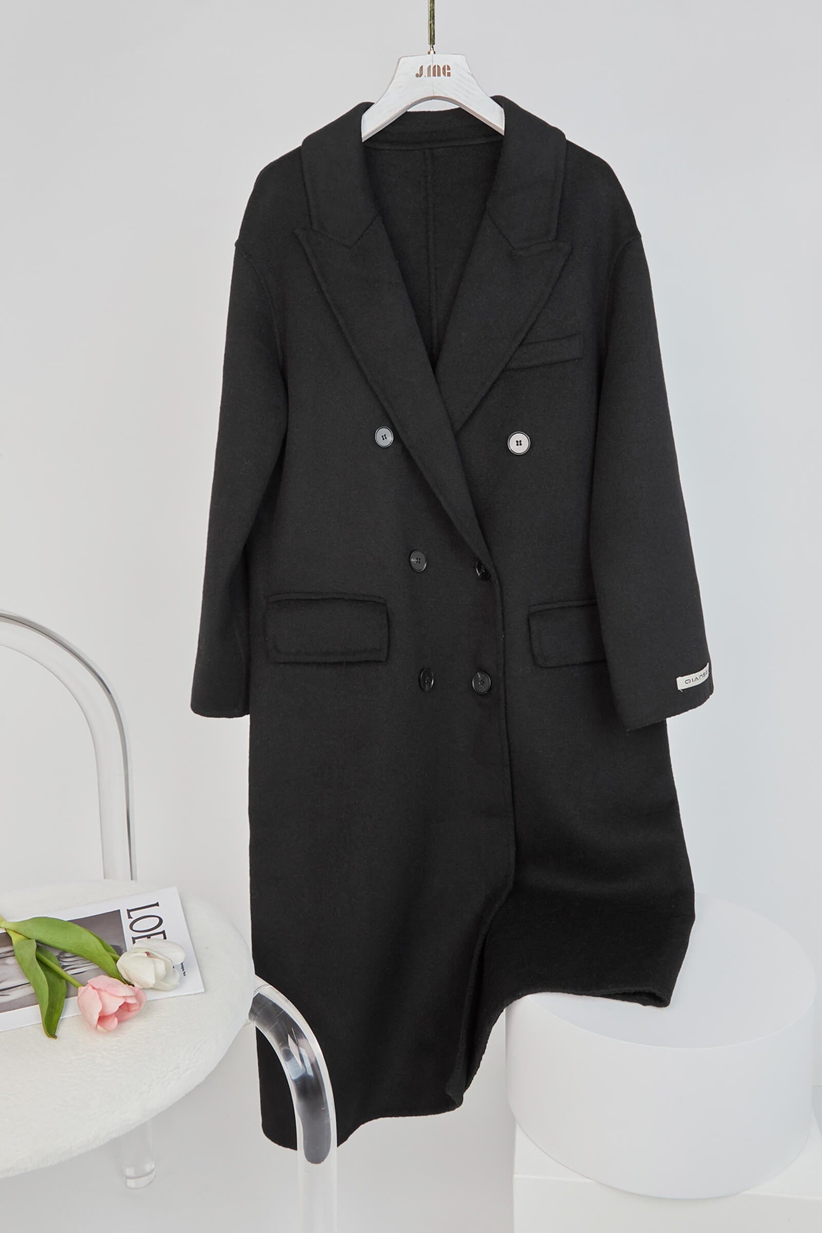 Black Premium Wool Double-Breasted Longline Coat