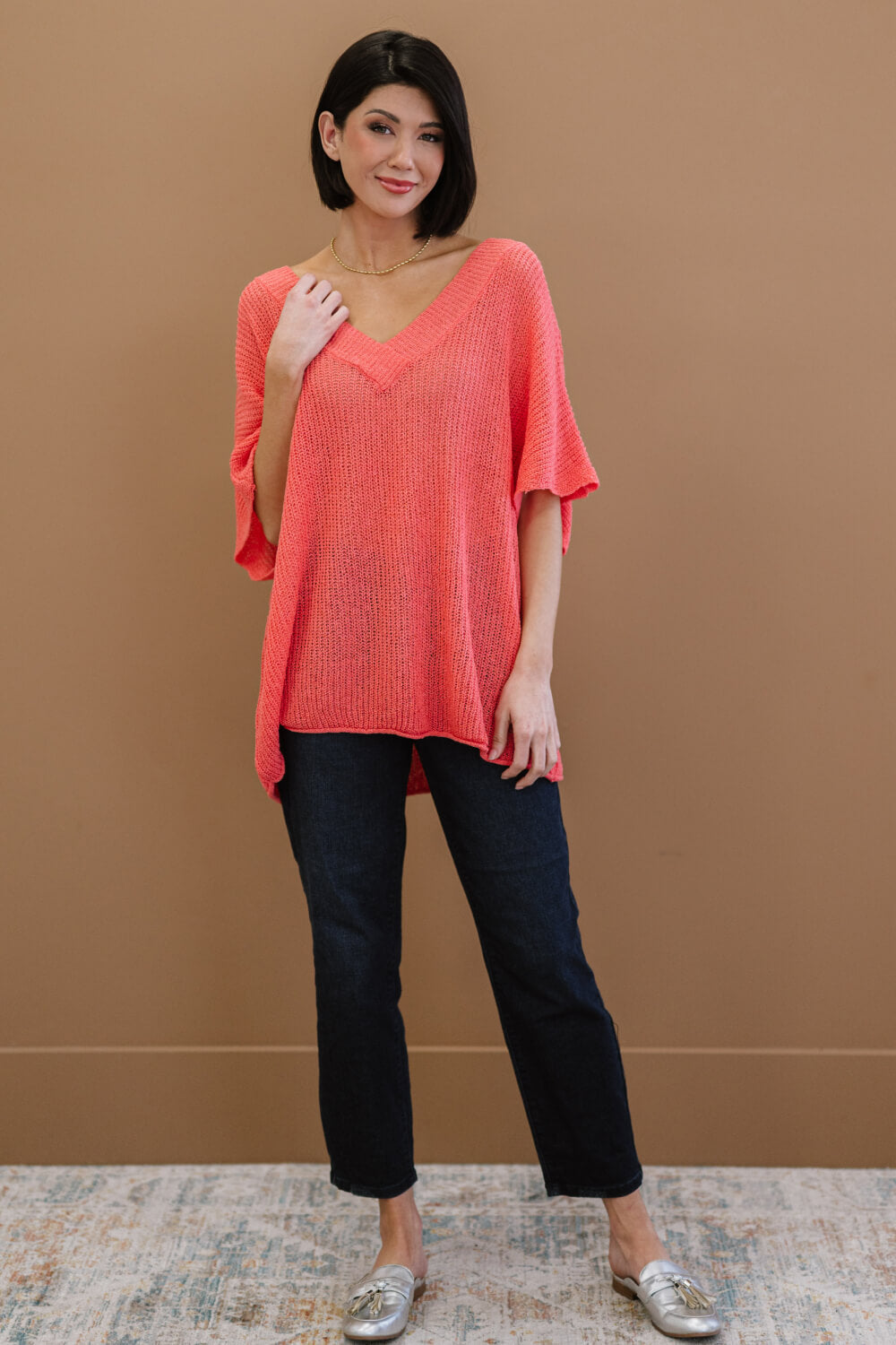 Deep Coral V-Neck Short Sleeve Openwork Loose Knit Sweater