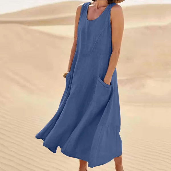 Round Neck Sleeveless Linen Pocket A-Line Midi Dress 10