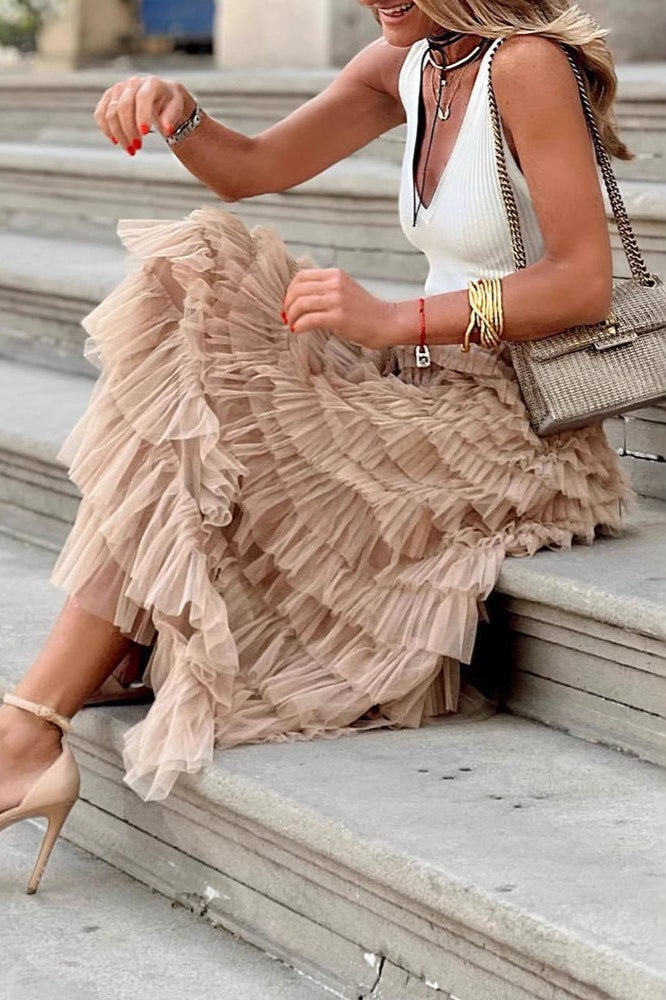 Tiered Sheer Mesh ALine Maxi Skirt