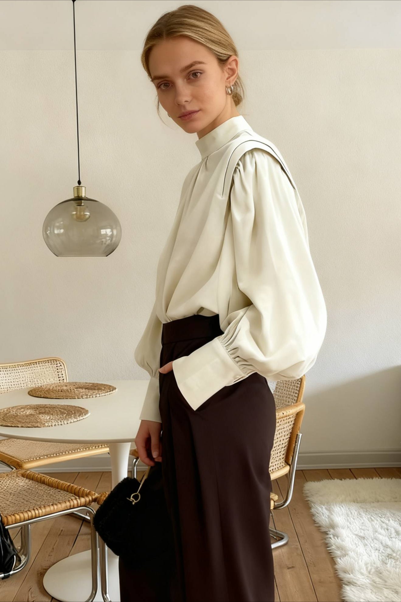 Black Lantern Sleeve ButtonUp Blouse