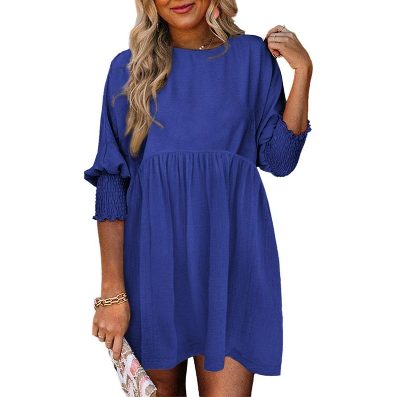 Round Neck Textured Smocked Cuff Sleeve Babydoll Mini Dress