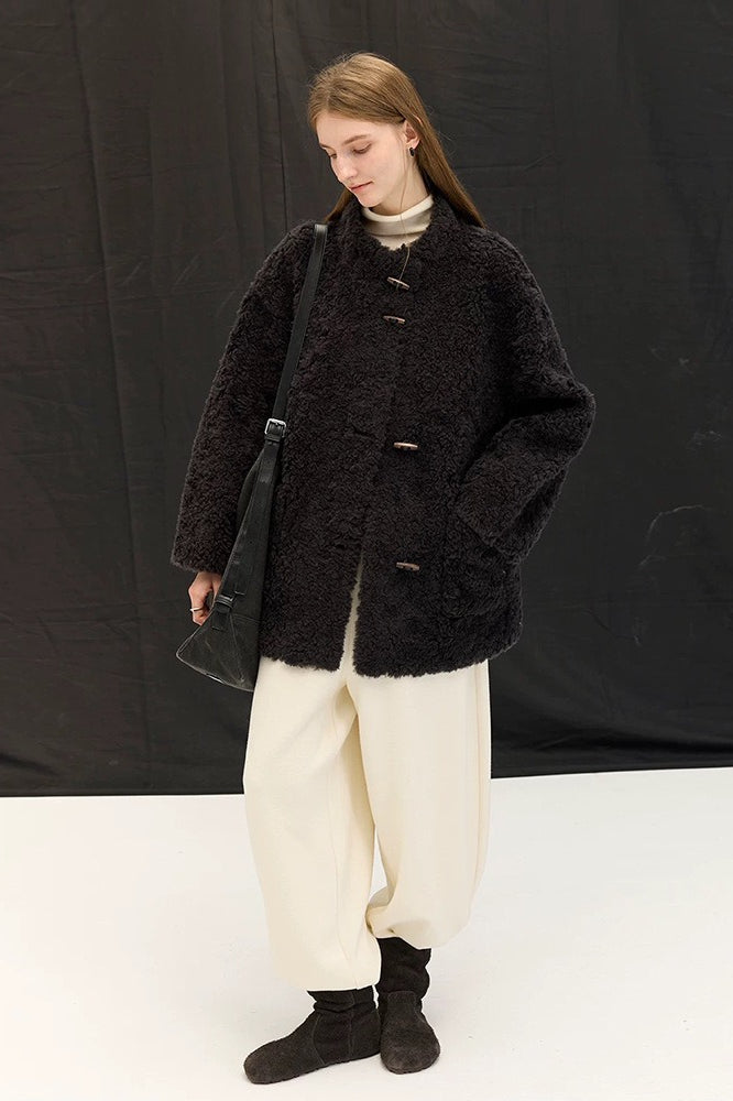 Pure Wool Bouclé Horn Button Shearling Coat