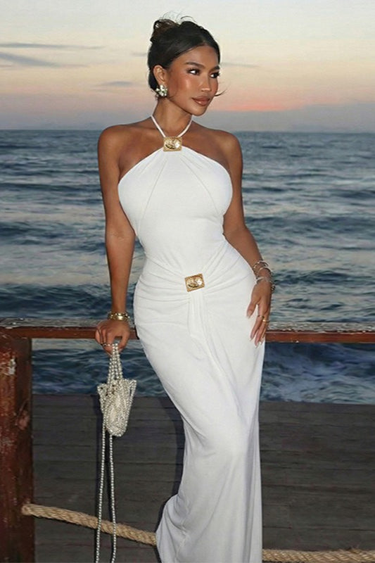 Solid Halter Backless Cinched Bodycon Party Dress