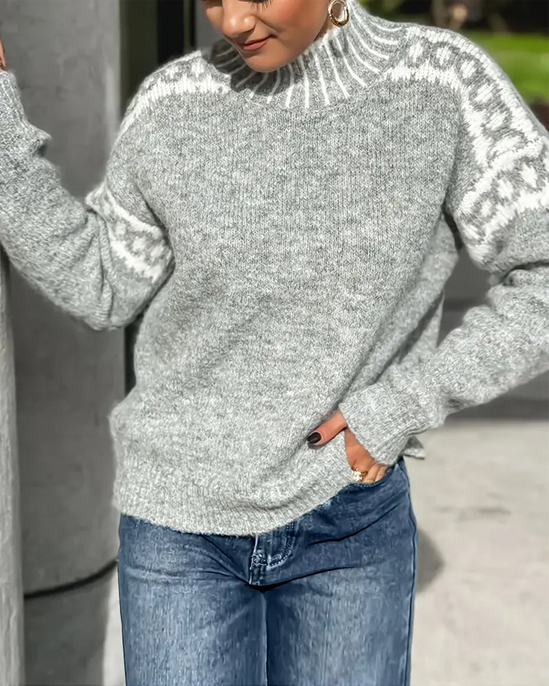 High Neck Fair Isle Trim Knitted Sweater 5