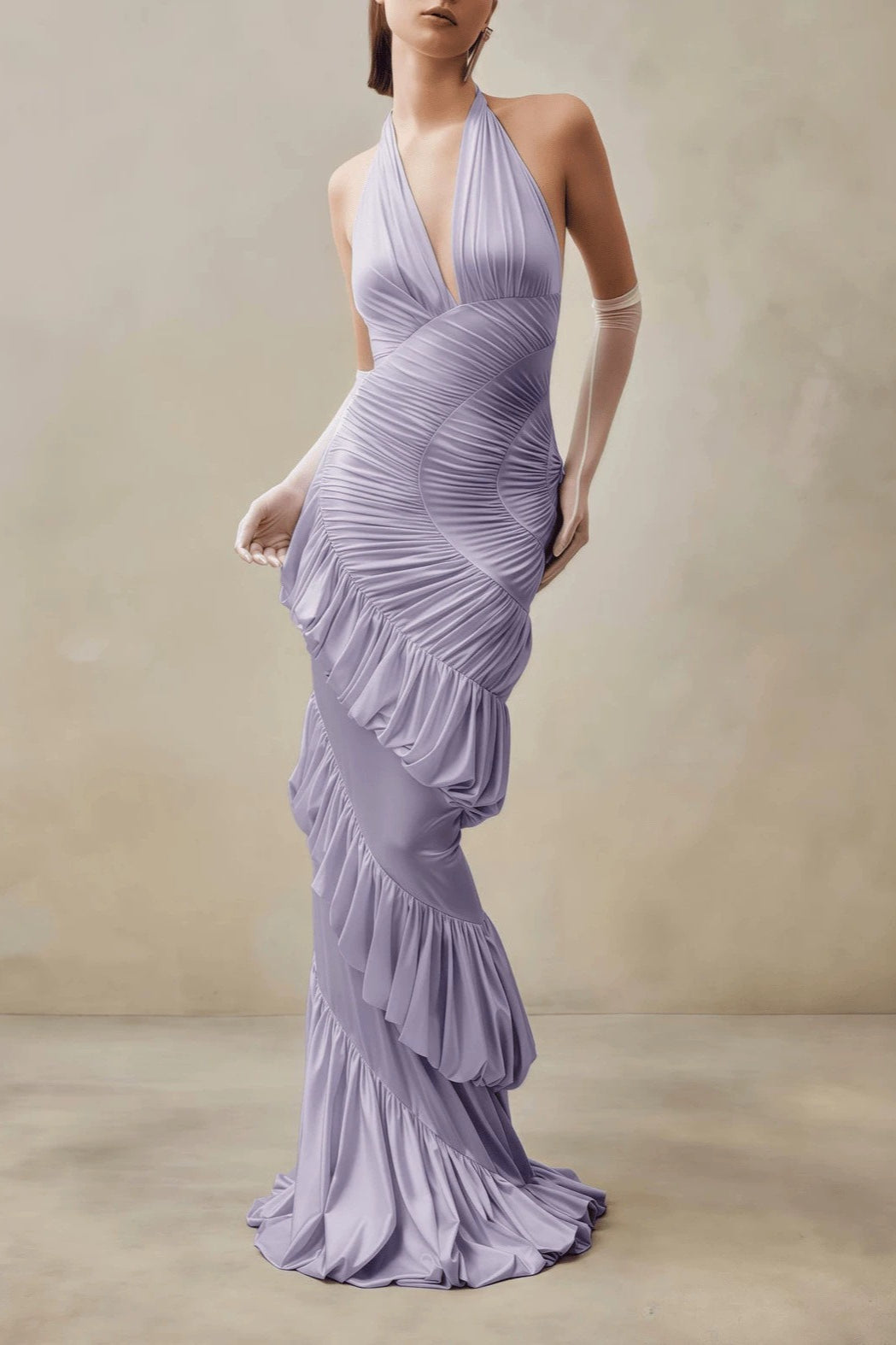 Elegant Solid V Neck Halter Backless Fitted Ruched Party Dress