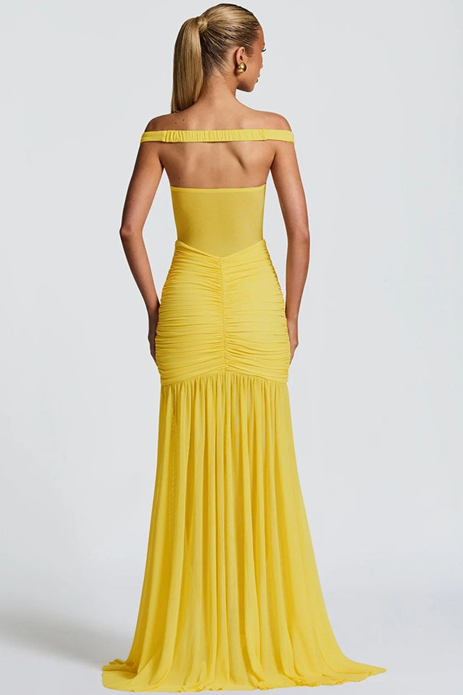 Strapless Backless Mesh Ruched Slit Party Dress