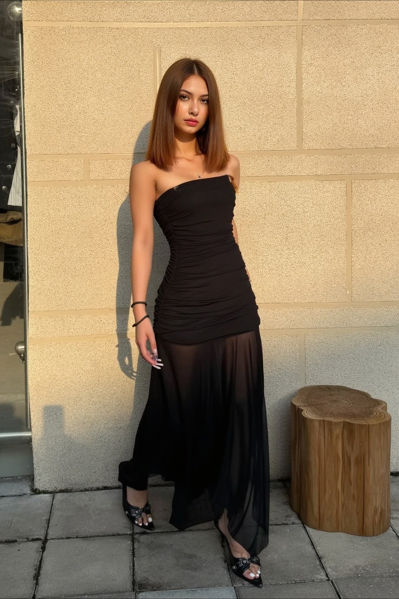 Solid Strapless Mesh Panel Party Dress