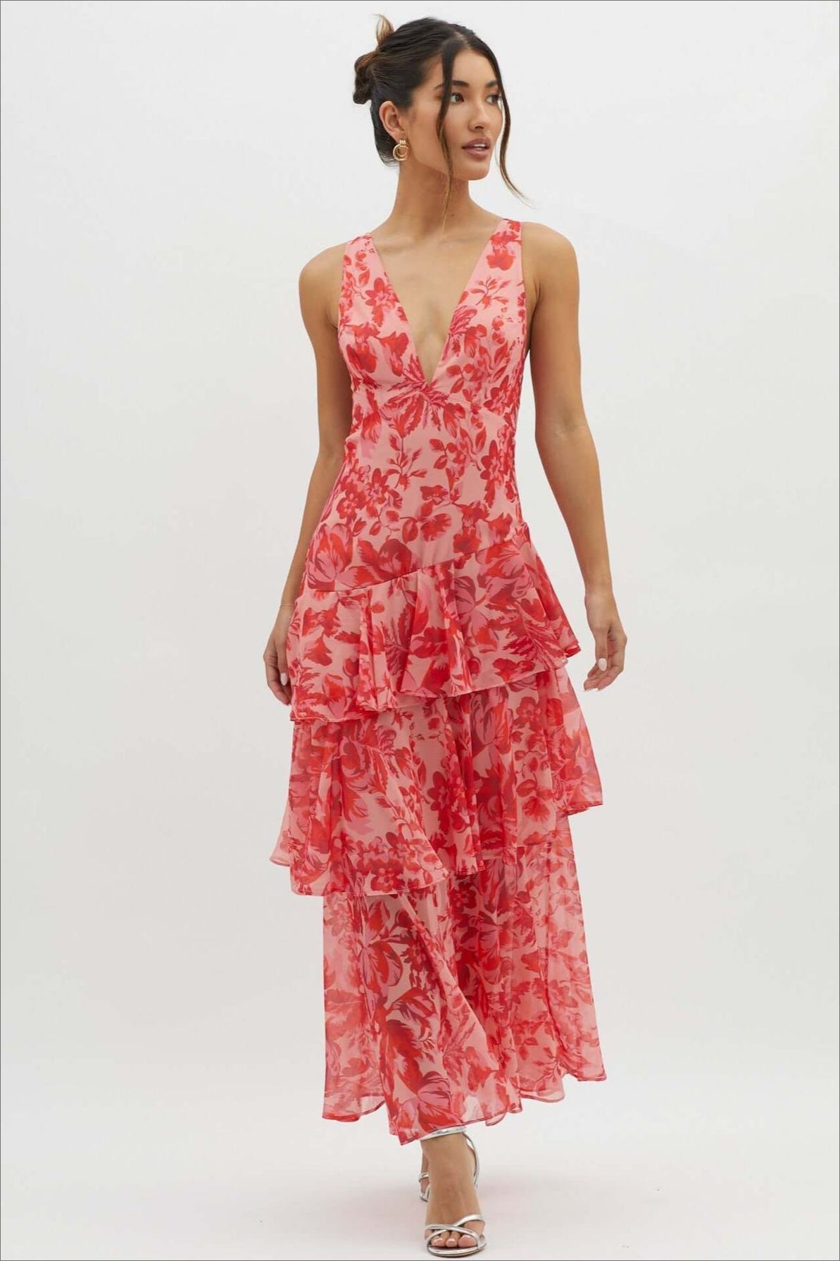 Deep V Neck Tiered Ruffle Watercolor Floral Print Maxi Dress 6