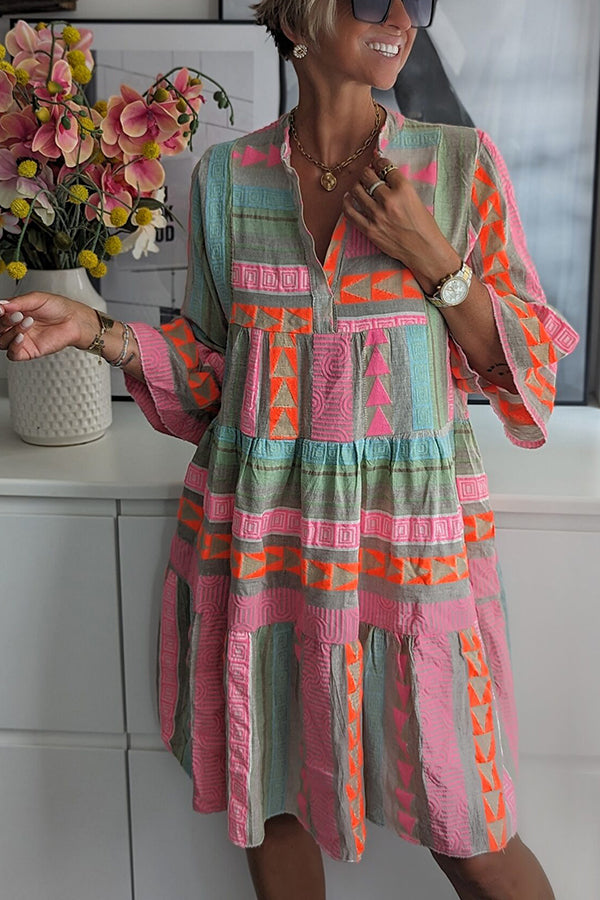 Geometric Print Bell Sleeve Tiered Smock Babydoll Mini Dress 2