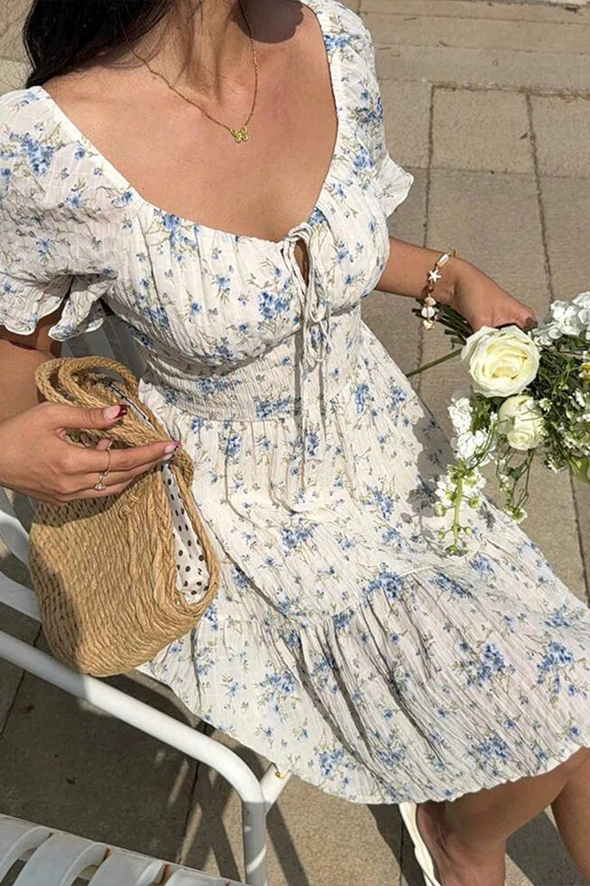 LaceUp VNeck Backless Floral Dress