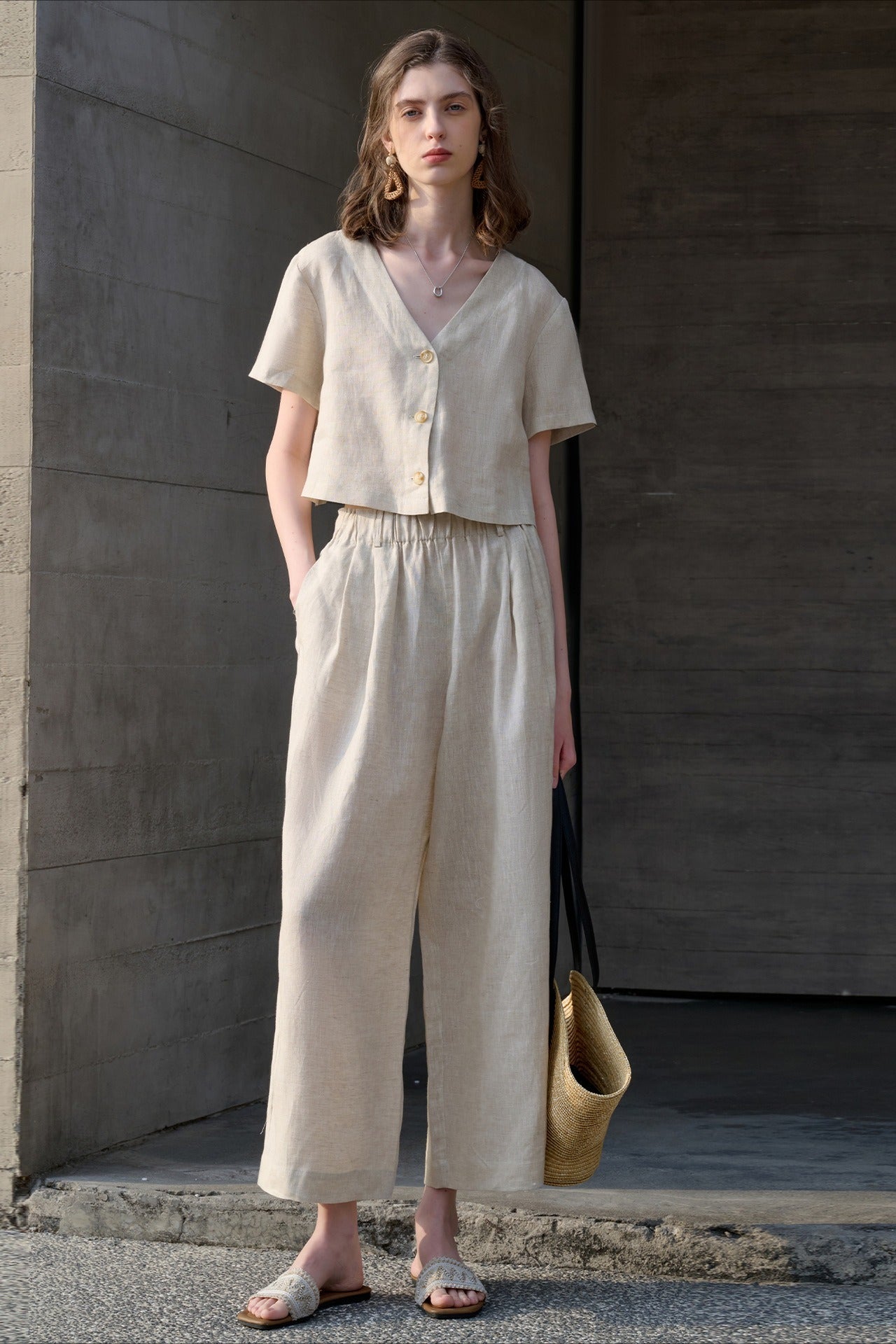 Linen V Neck Short Sleeve Blouse