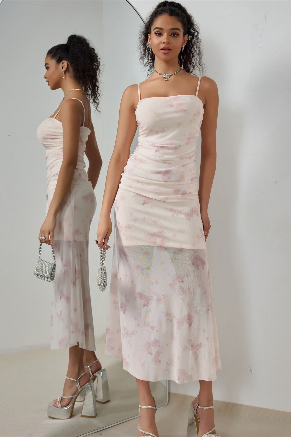 Pink Spaghetti Strap Square Neck Ruched Mesh Sheer Overlay Watercolor Floral Midi Dress 5