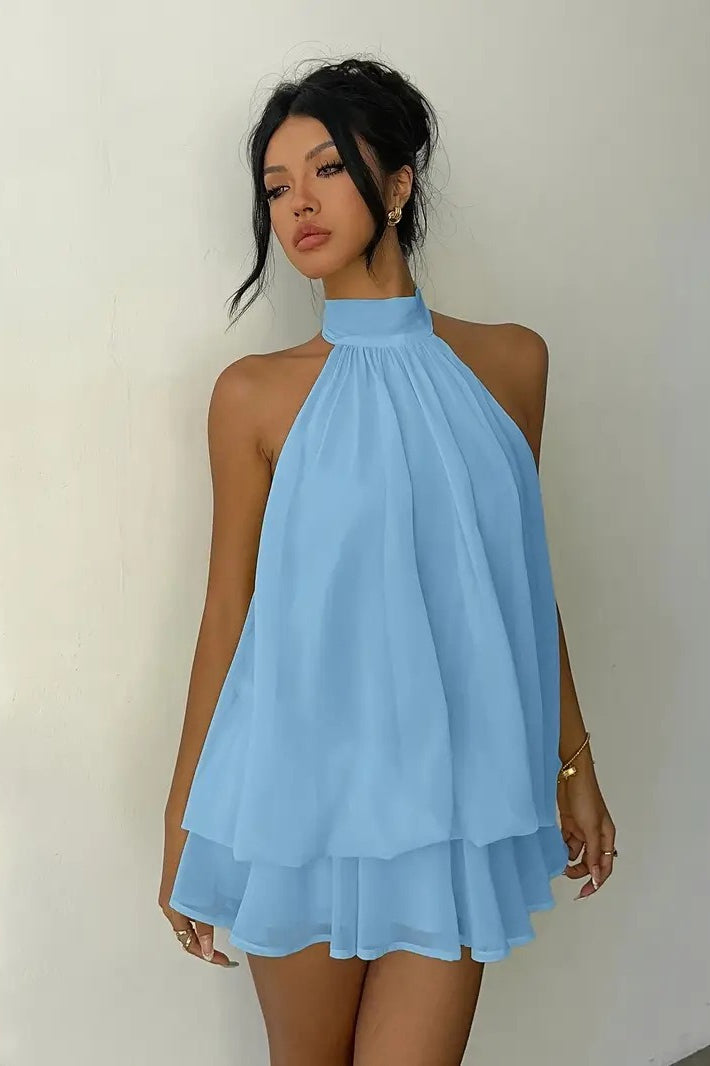 Backless Halter Tie Waist Ruffled Bodycon Mini Dress 11
