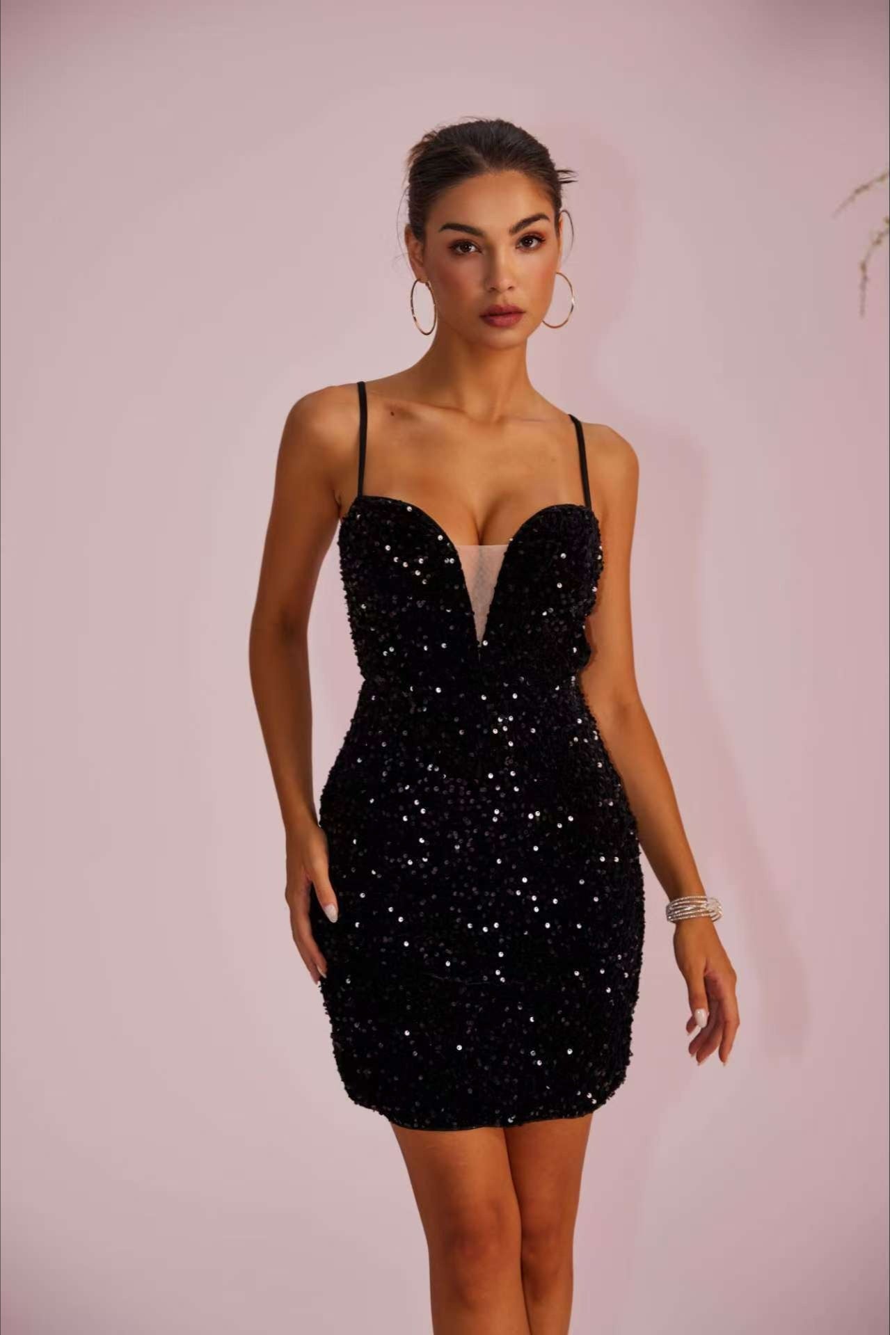 Spaghetti Strap Sequin Paneled Sheer Slit Party Dress