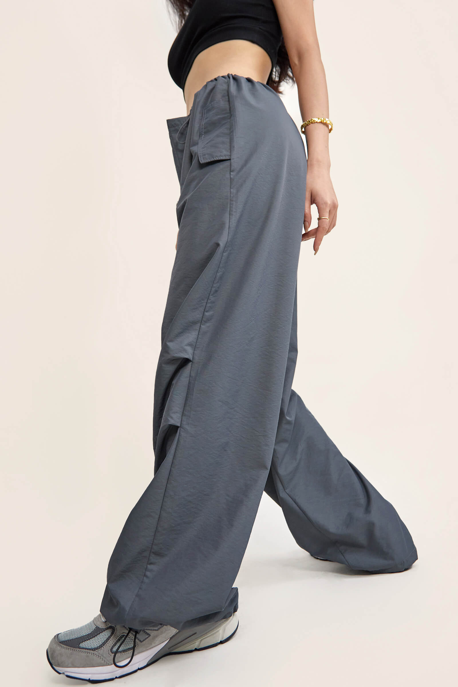 Grey Mid Rise Drawstring Cargo Pants