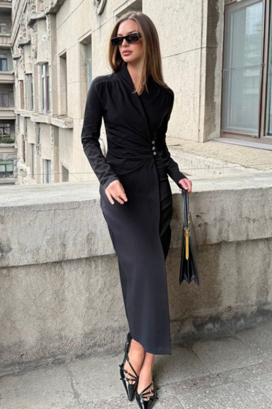 Pleated V Neck Long Sleeve Maxi Dress