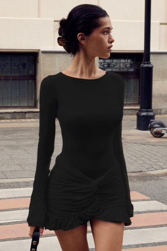 Ruched Crew Neck Twist Knot Mini Party Dress