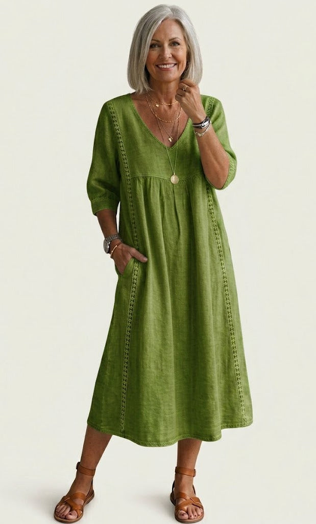 Square Neck Striped Button Long Sleeve Empire Maxi Dress