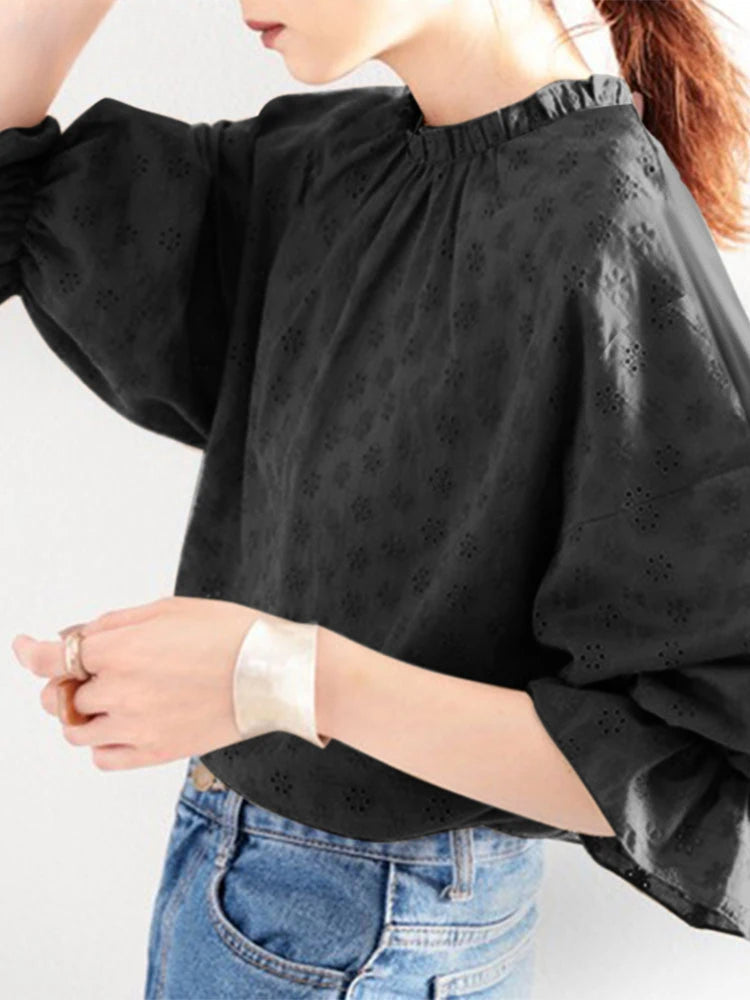 Lacing Pleating Lantern Sleeve Blouse Vintage Blouse Black / S blouse-250126