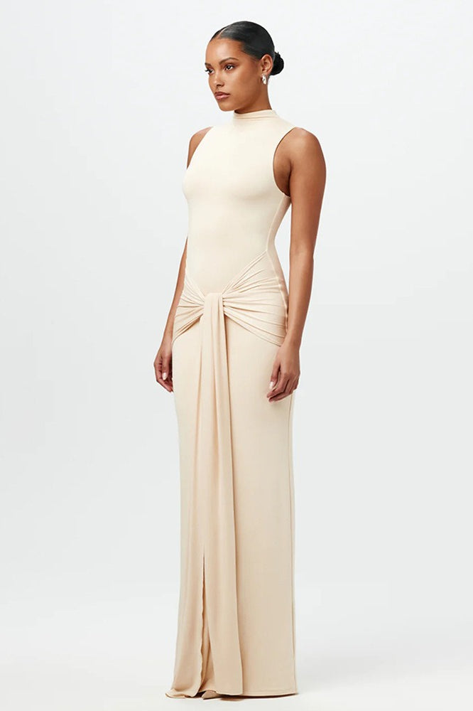 Solid Crew Neck Sleeveless Tie Bodycon Party Dress