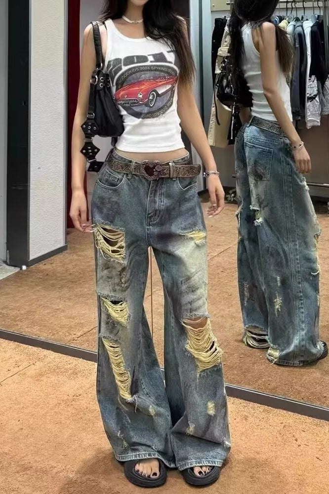 Distressed Vintage Washed Lightweight Floor Jeans