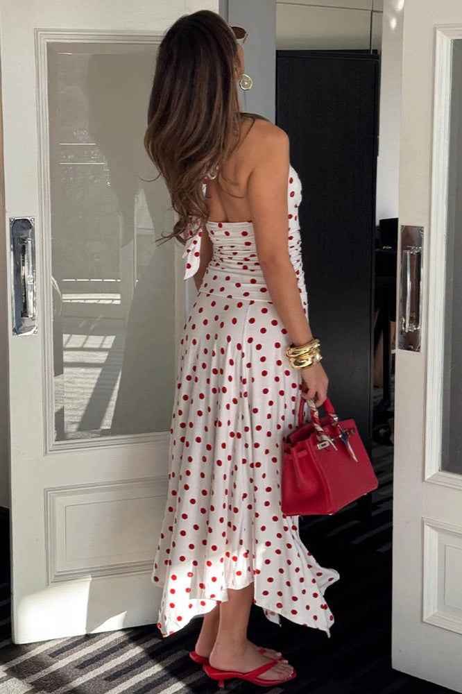 Polka Dot Halter V-Neck Ruched Maxi Dress 3
