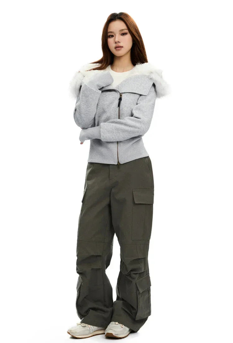 Fleece-Lined Hooded Fur-Collar Zip Short Jacket