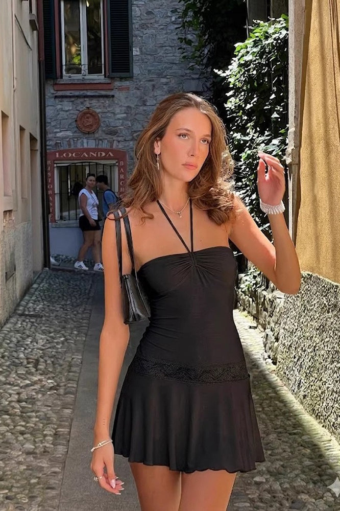 Bow Tie Drawstring Halter Lace Panel Slip Dress