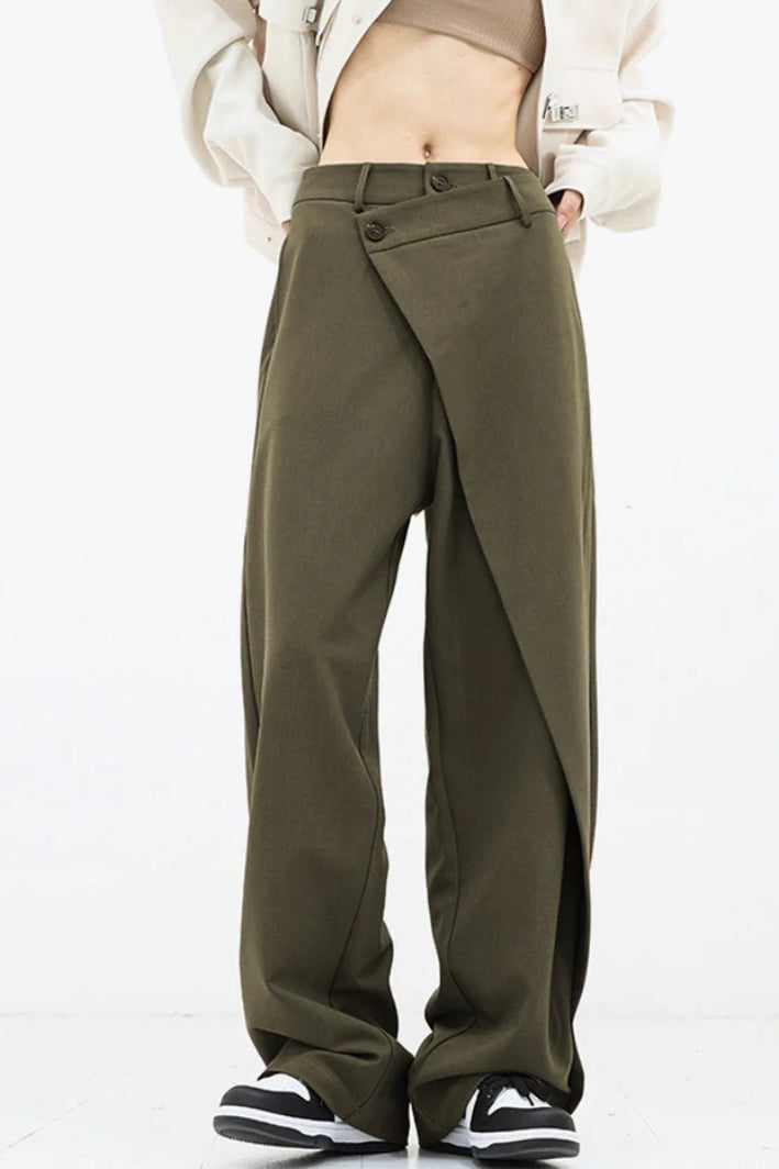 Asymmetric Layered Button Loose Wide Leg Pants1