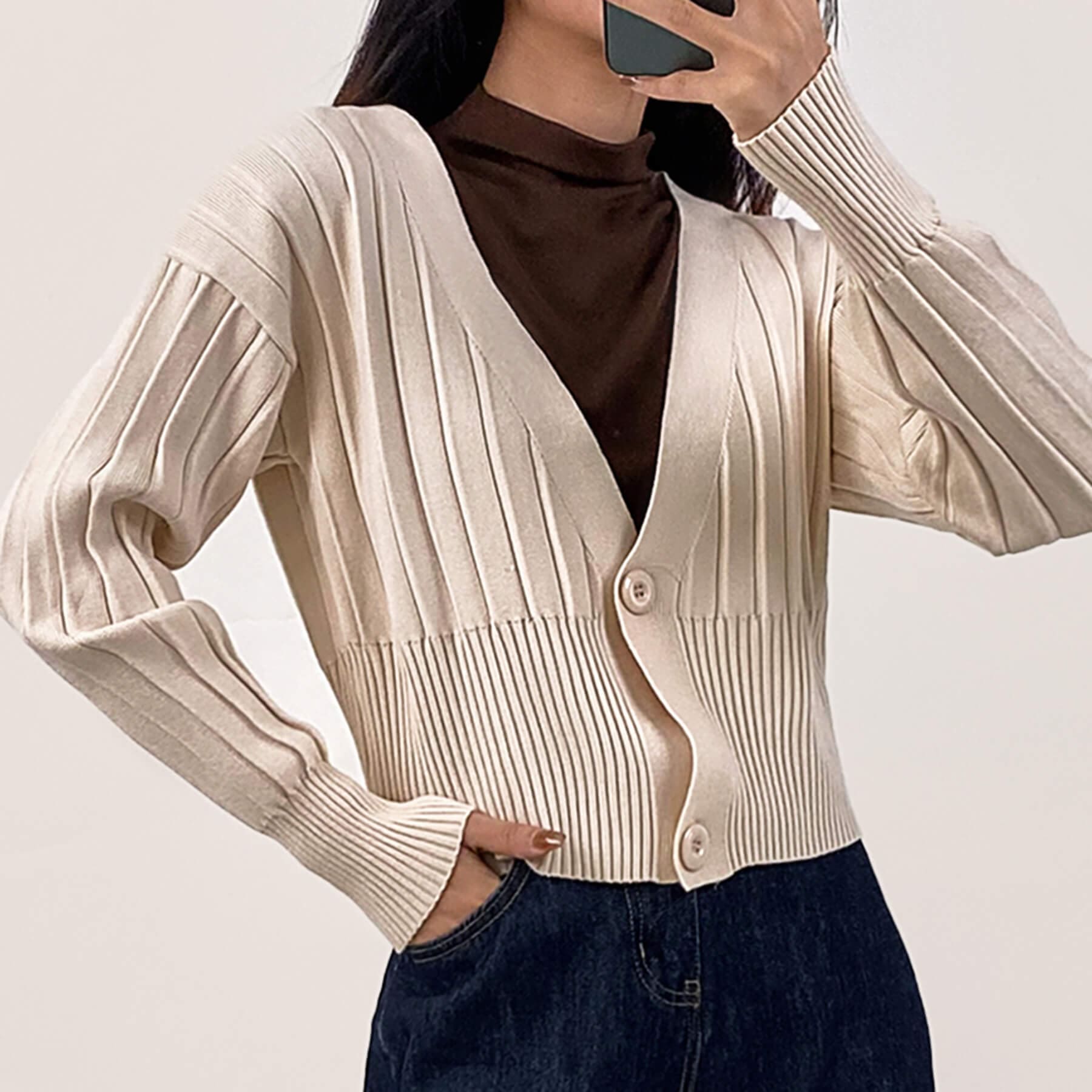 Old Lace Plunge V-Neck Ribbed Knit Cardigan