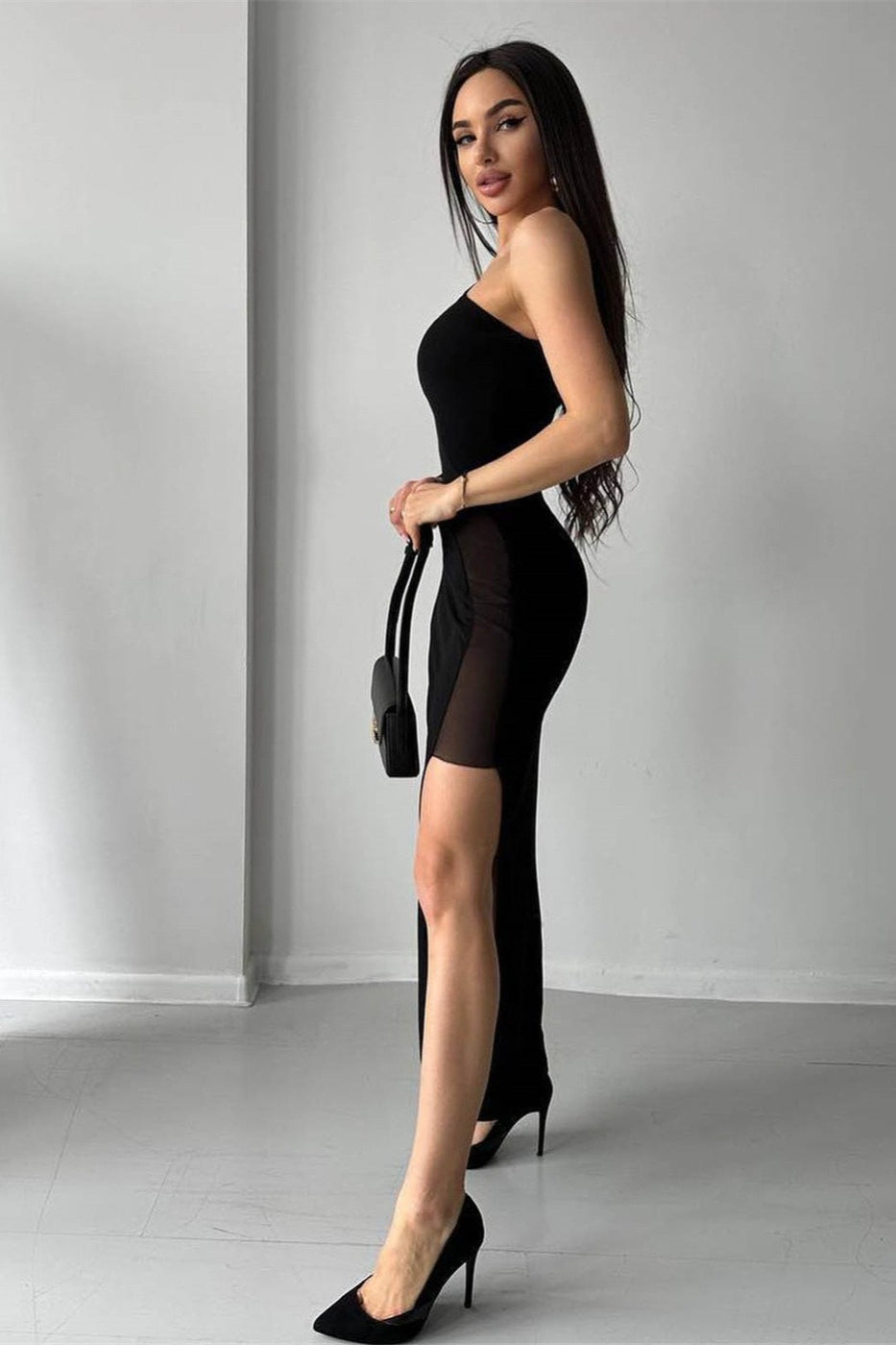 Asymmetrical One-Shoulder Mesh Midi Dress