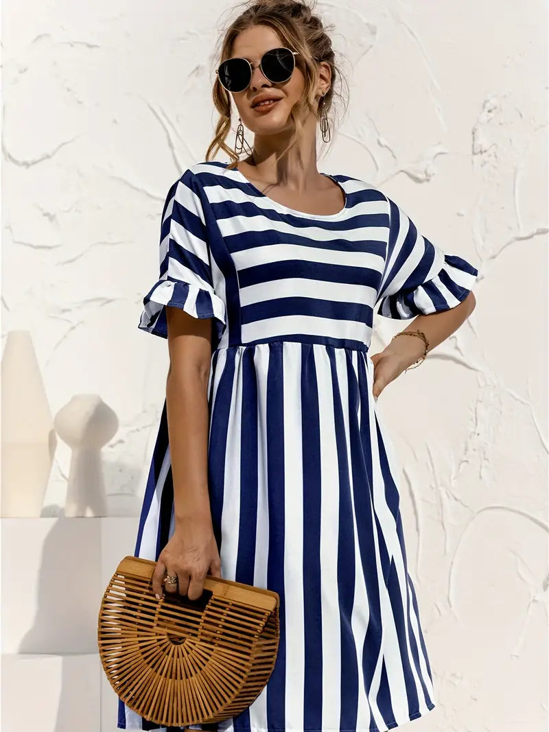 Navy Striped Summer Dress With Short Sleeves S / Pink Navy Blue Striped Dress
