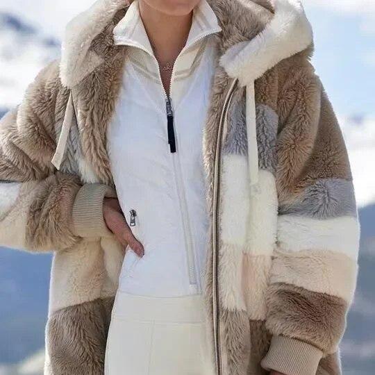 Hooded Zip Front Colorblock Patchwork Fleece Sherpa Jacket