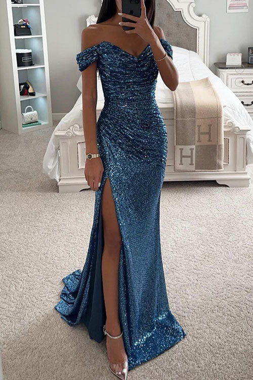 Party Sequin Off-Shoulder Slit Dress