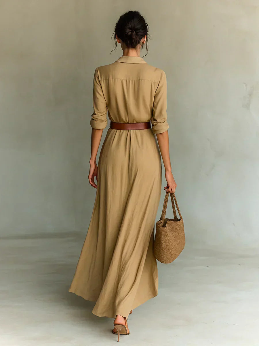 Collared Plunge Long Sleeve Belted Ruched Satin Maxi Dress