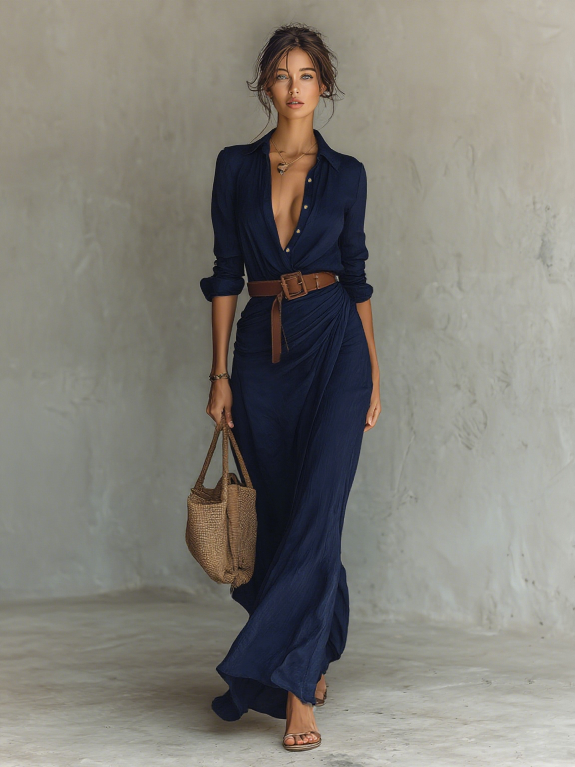 Lapel Collar Belted Ruched Wrap Long Sleeve Maxi Dress 5