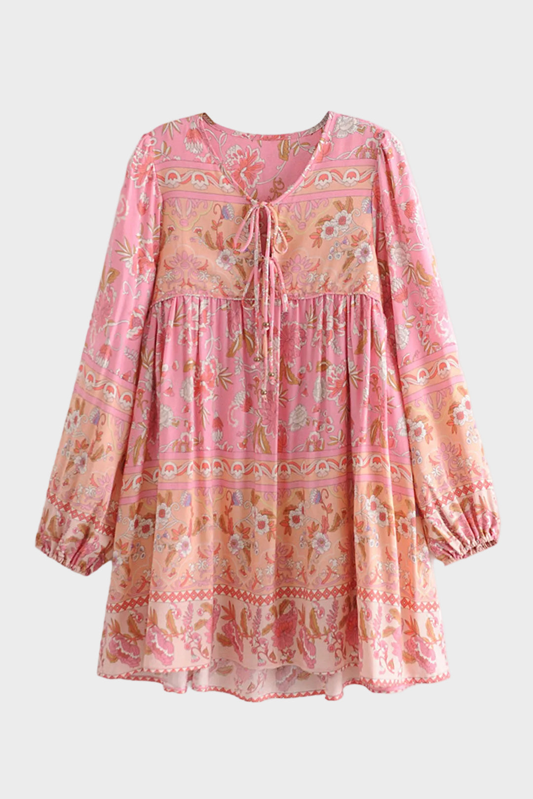 Pink Tie Neck Floral Long Sleeve Tiered Babydoll Mini Dress
