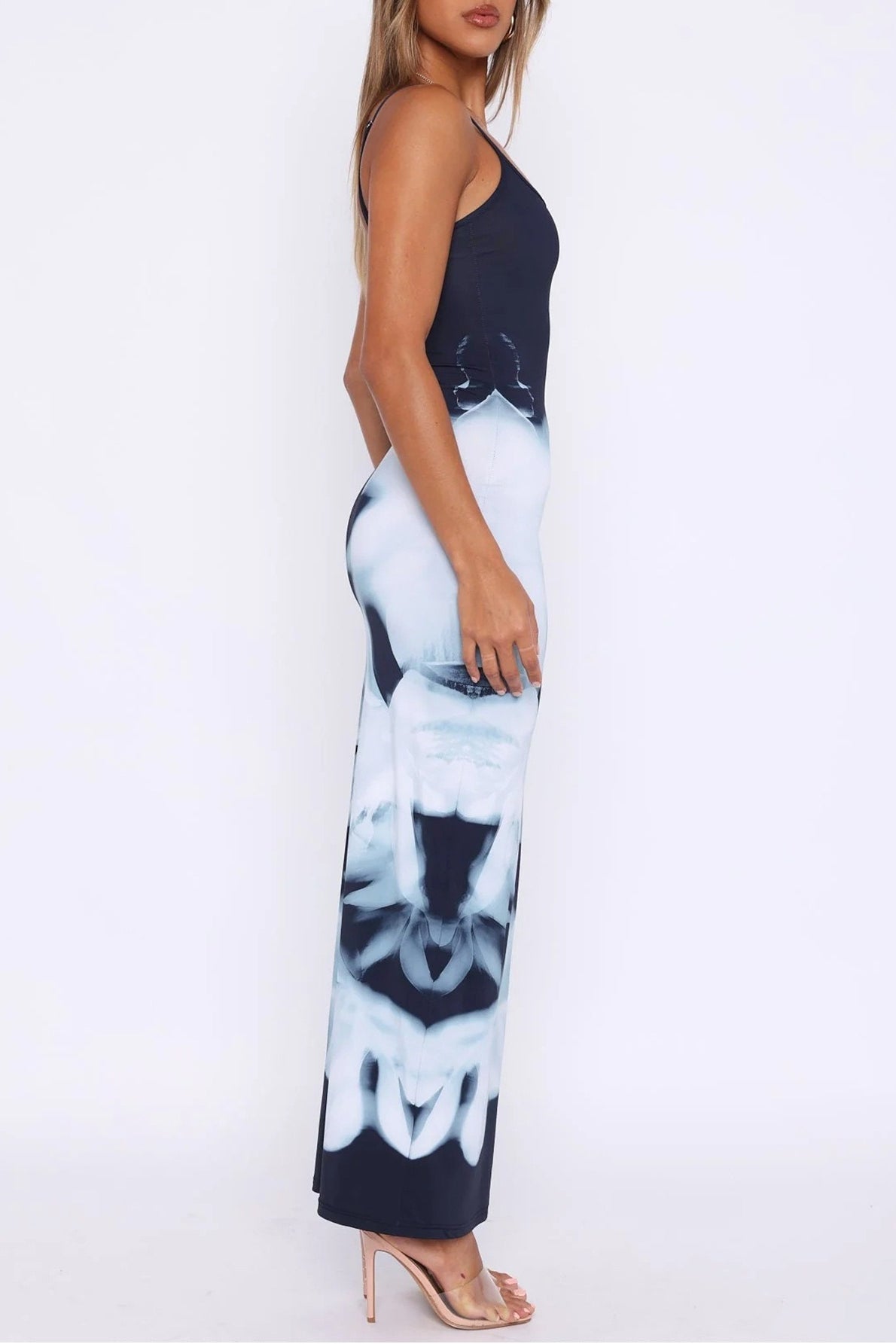 Spaghetti Strap Square Neck Bodycon Abstract Floral Placement Print Maxi Dress 3