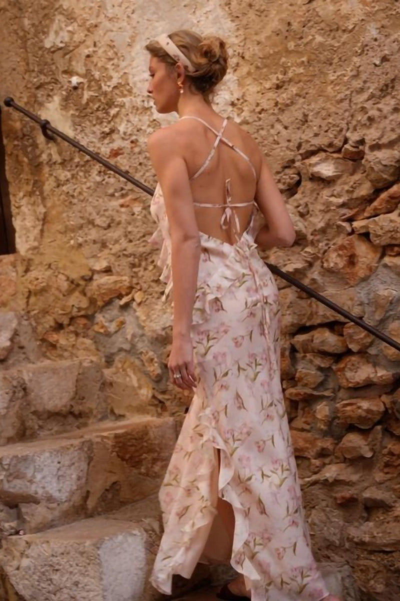 Strap Backless Ruffle Floral Dress