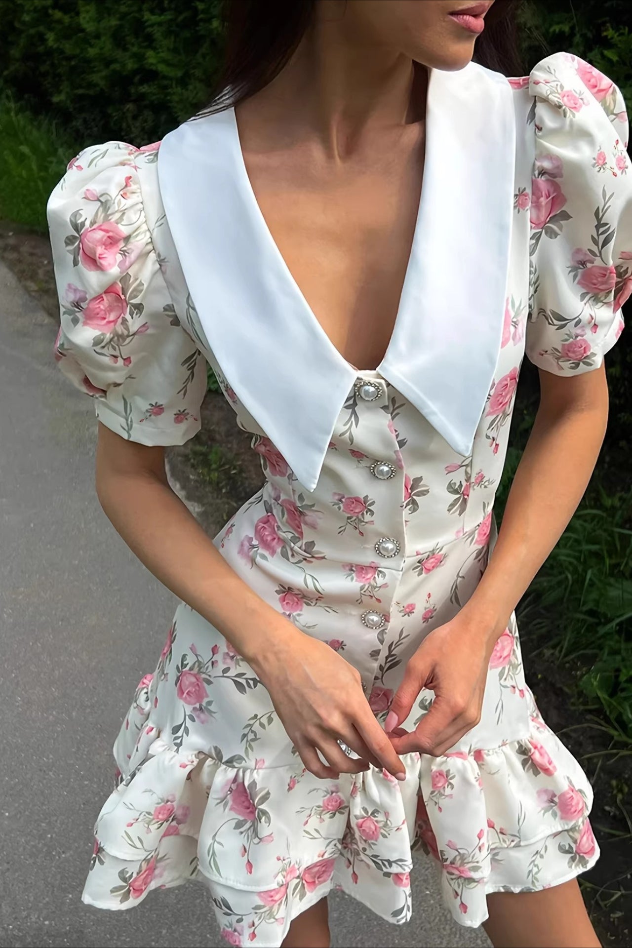 Romantic V Neck Puff Sleeve Ruffle Waist Short Floral Dress