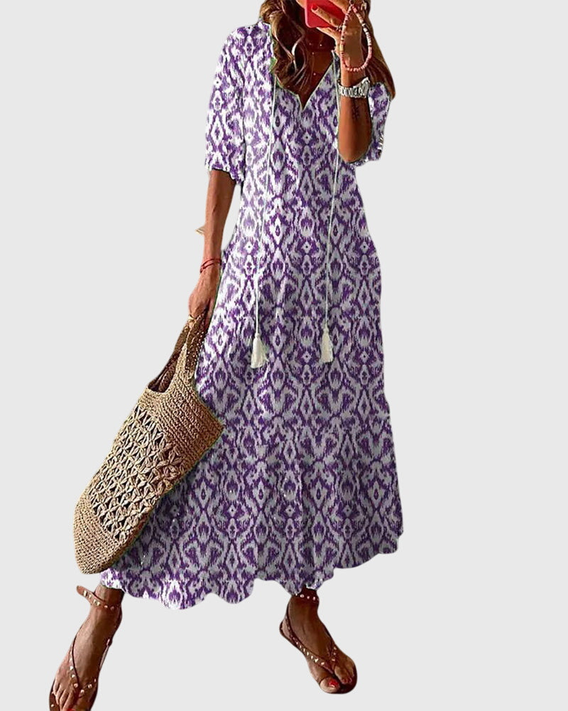 V-Neck Tassel Tie Ikat Print Tiered Boho Maxi Dress