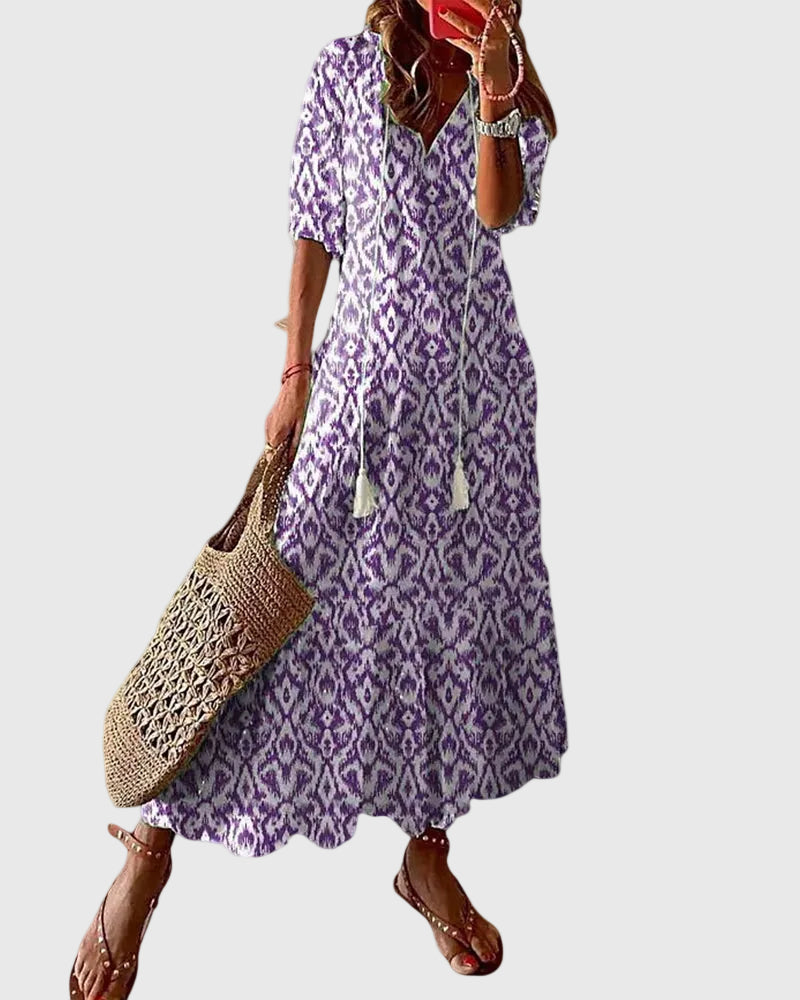 V-Neck Tassel Tie Ikat Print Short Sleeve Tiered Maxi Dress