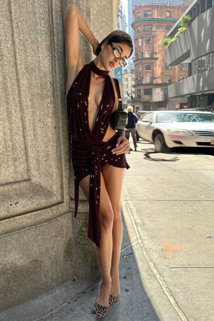 Red Deep V Halter Backless Sequin Mini Dress 5