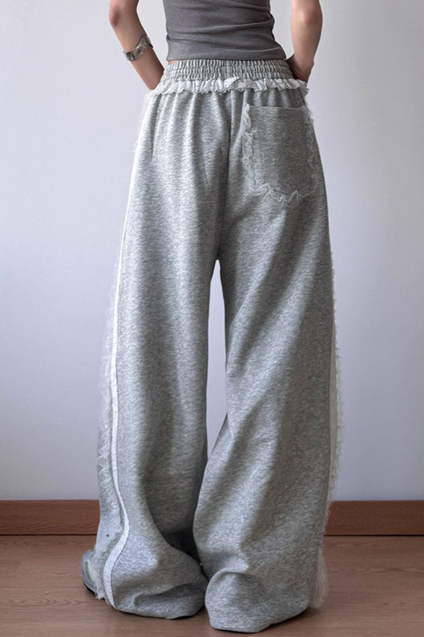 Lace Trim Wide Leg High Waist Pants