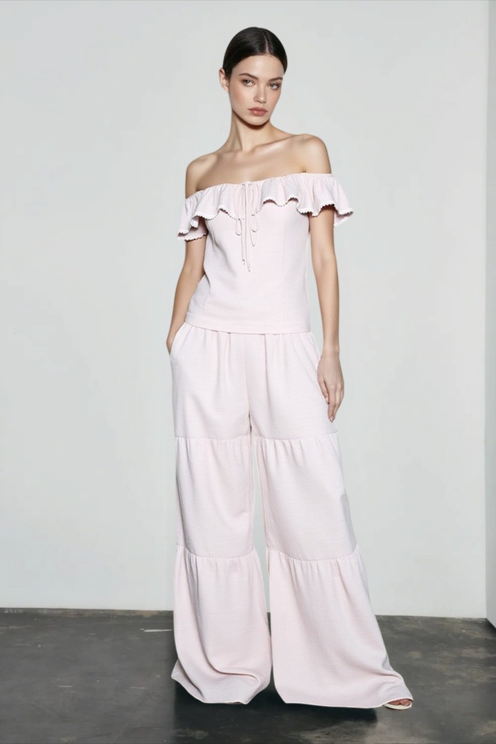 Ruffle off shoulder top pants vacation set